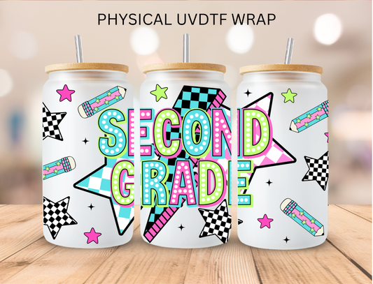 School Checkered Star Second Grade - 16 oz / 20 oz Libby UV DTF Wrap