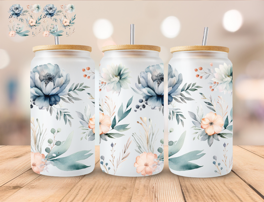 Blue Floral - 16 oz / 20 oz Libby UV DTF Wrap