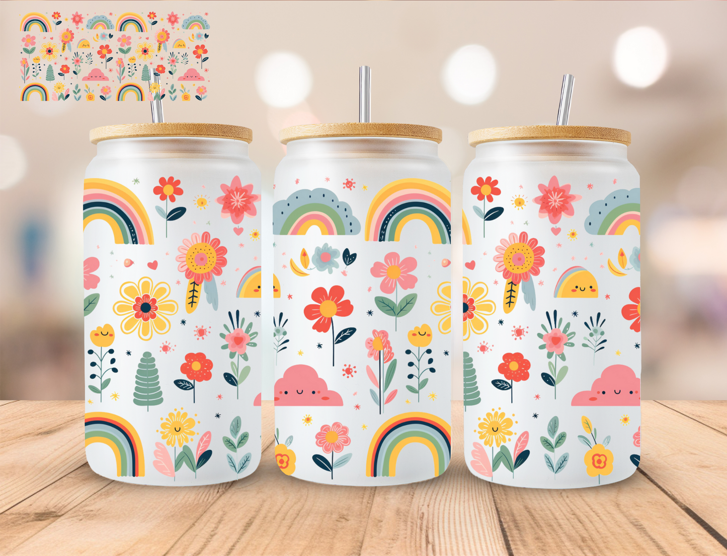 Colorful Floral Rainbows - 16 oz / 20 oz Libby UV DTF Wrap