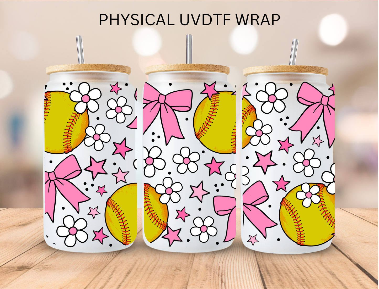 Softball with Pink Bows - 16 oz / 20 oz Libby UV DTF Wrap