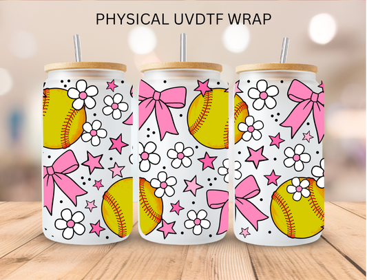 Softball with Pink Bows - 16 oz / 20 oz Libby UV DTF Wrap