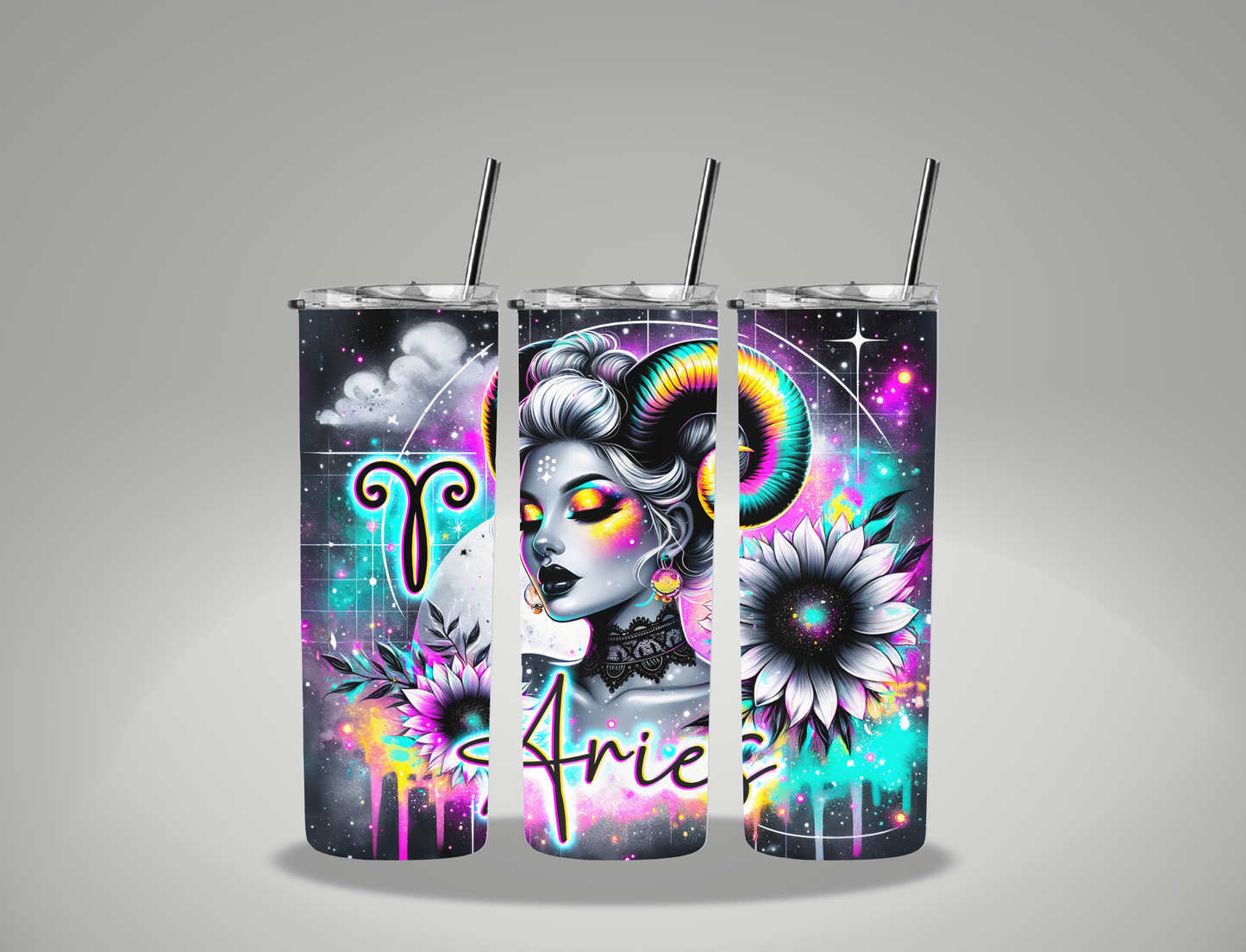 Zodiac Sign Neon Aries - 20oz Skinny Tumbler / 25 Oz Glass Tumbler Wrap EXCLUSIVE