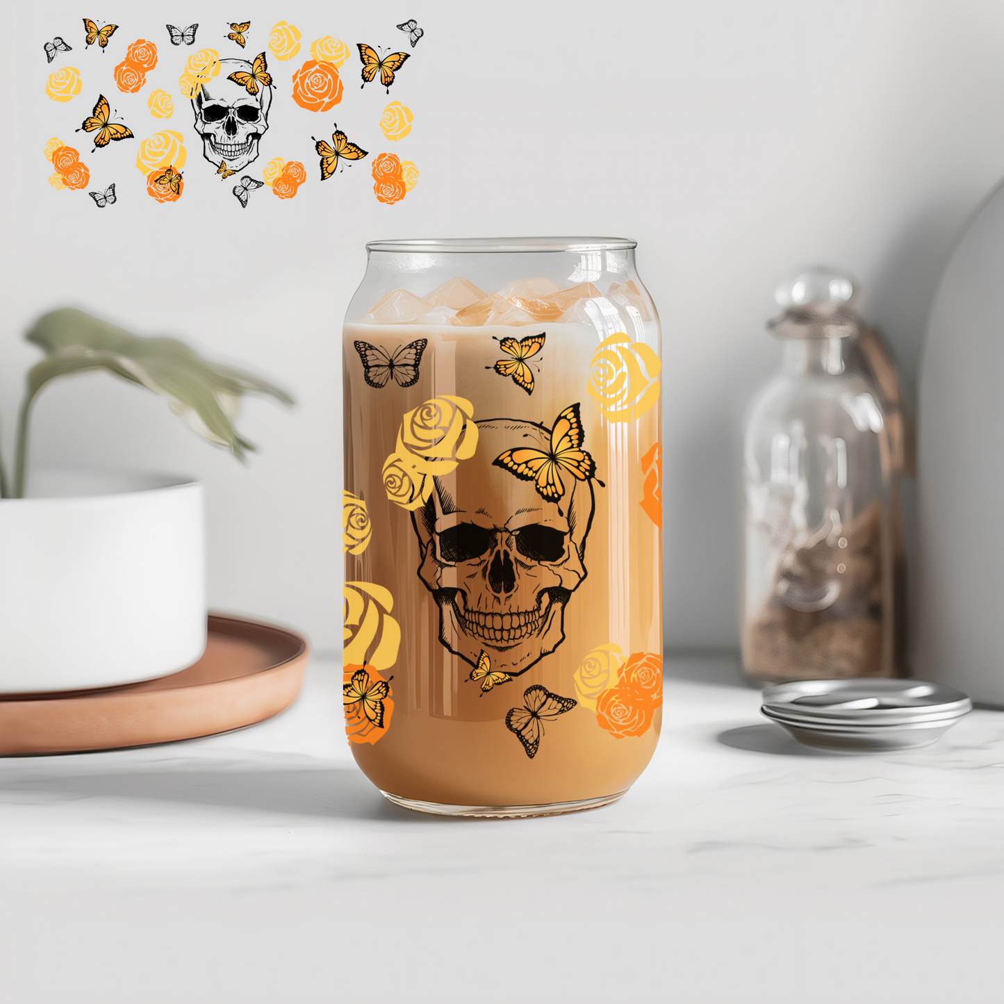 Yellow Rose Skull - 16 oz Libby UV DTF Wrap