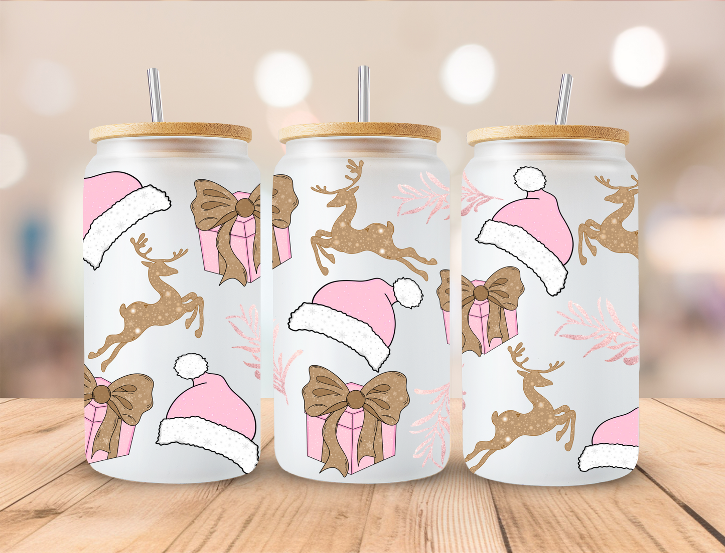 Pink Christmas Reindeers - 16oz Libby UV DTF Wrap