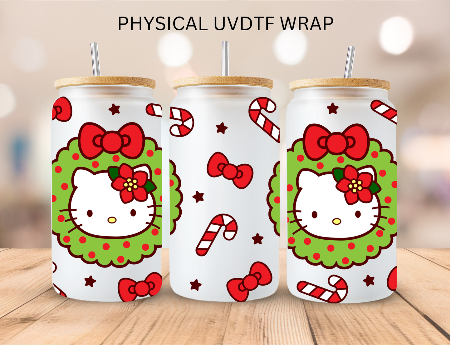 Christmas Kitty Wreath - 16 oz / 20 oz Libby UV DTF Wrap