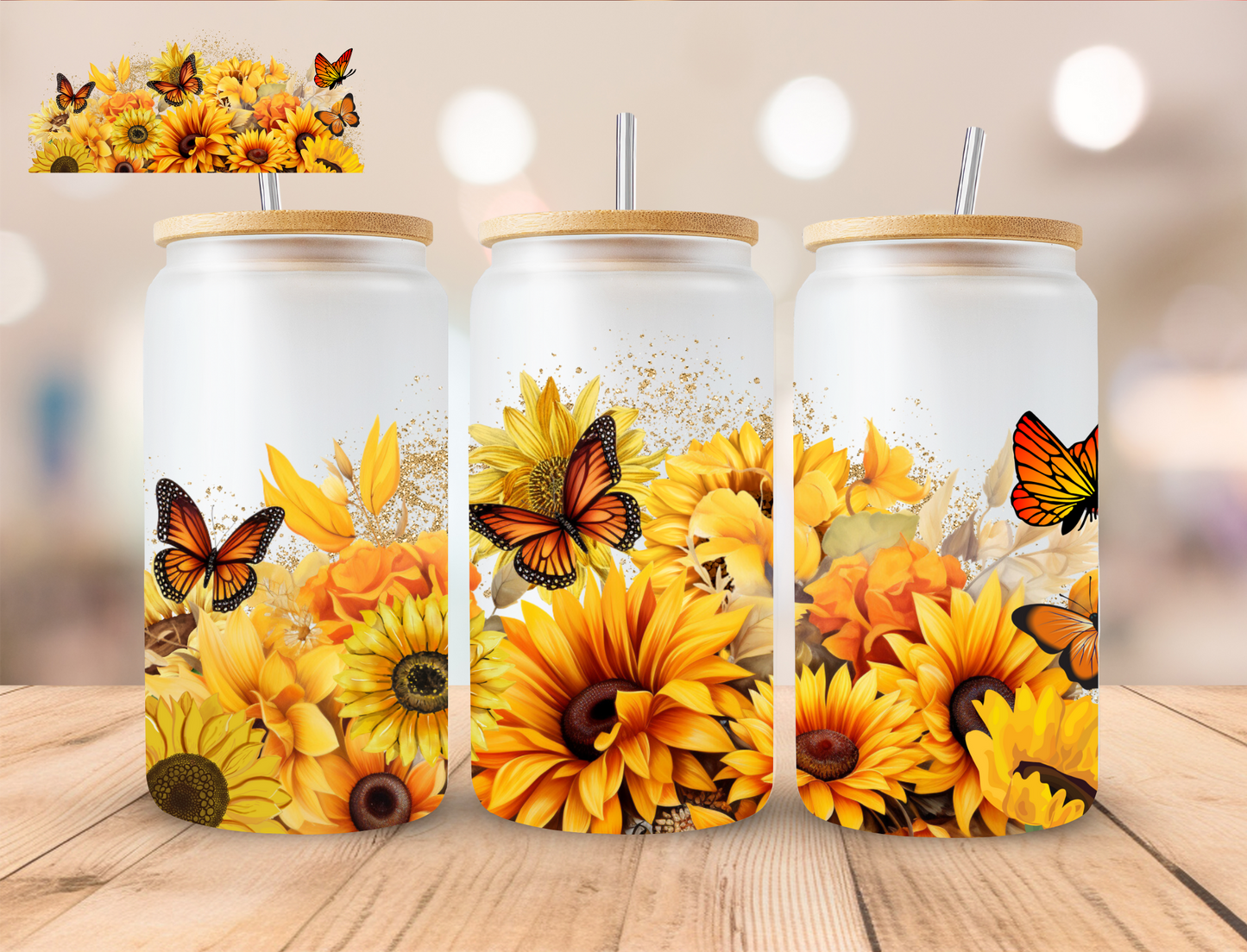 Sunflowers And Monarch Butterfly's - 16 oz / 20 oz Libby UV DTF Wrap