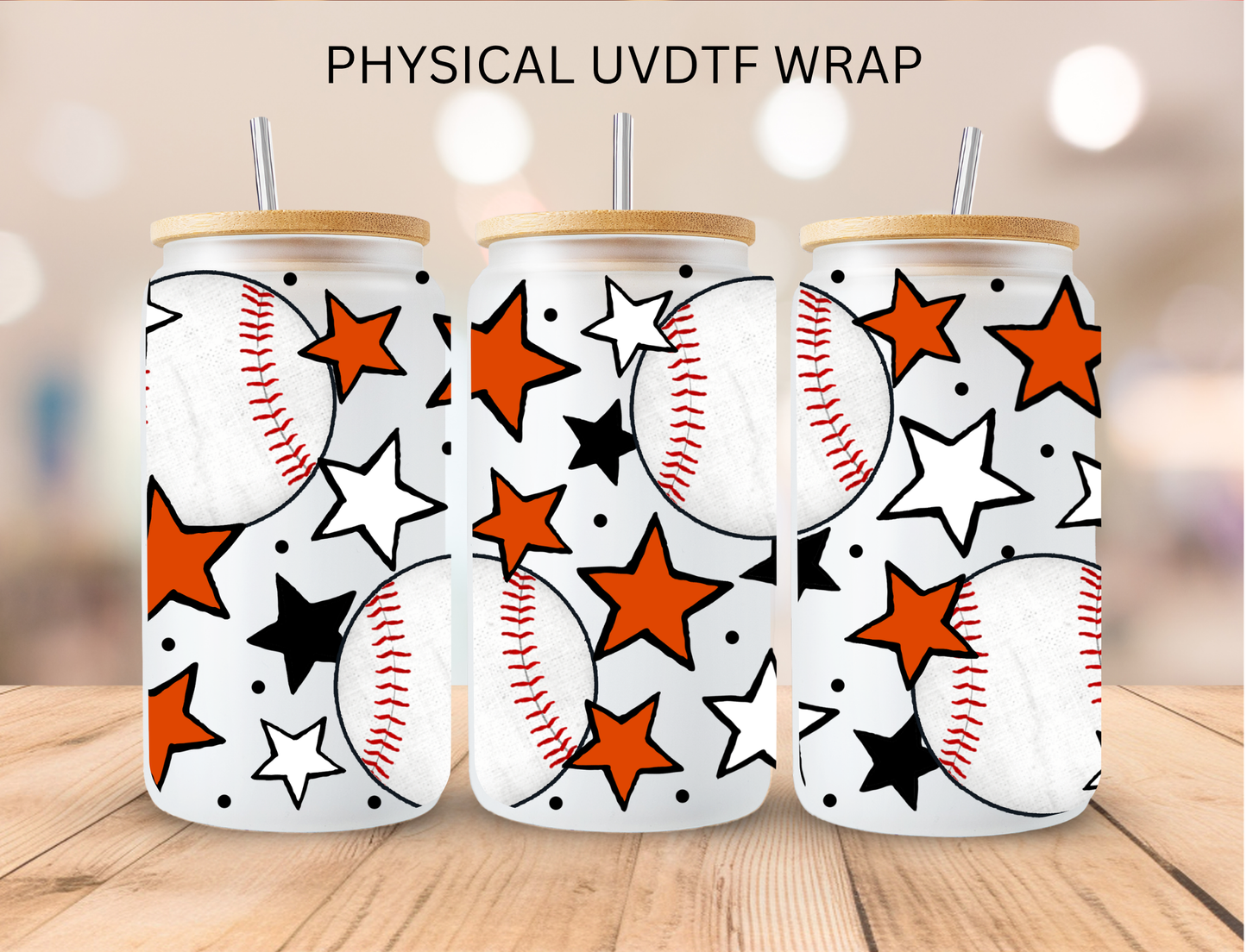Baseball With Red, White and Blue Stars - 16 oz / 20 oz Libby UV DTF Wrap