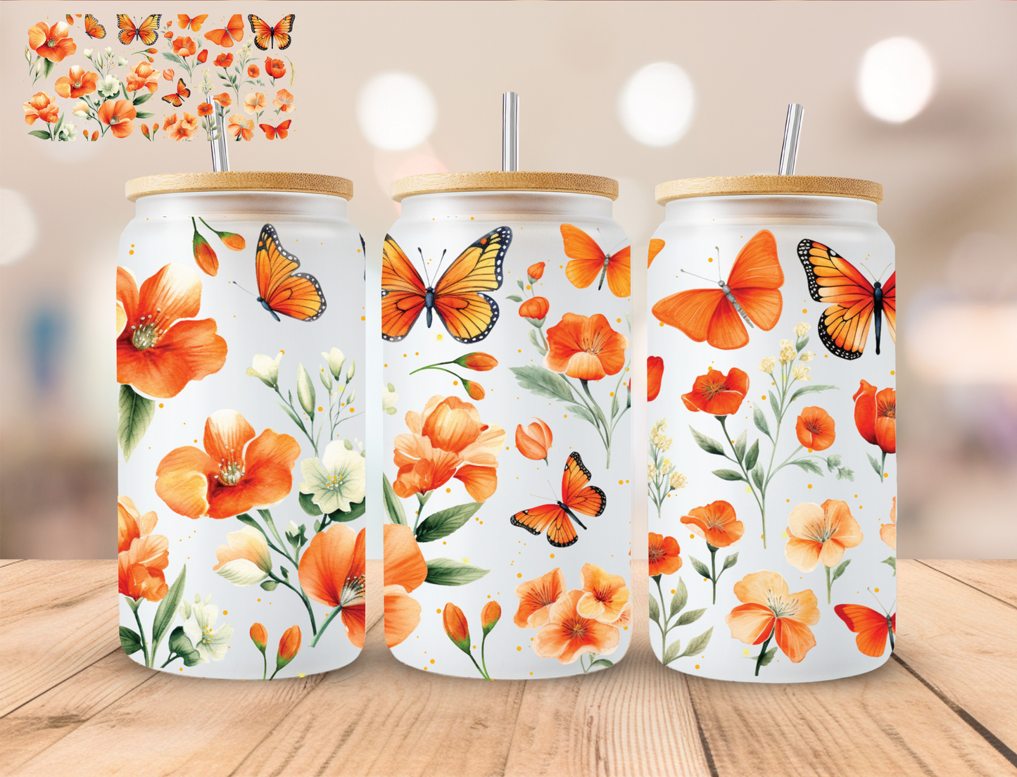 Orange Monarch Butterfly - 16 oz / 20 oz Libby UV DTF Wrap