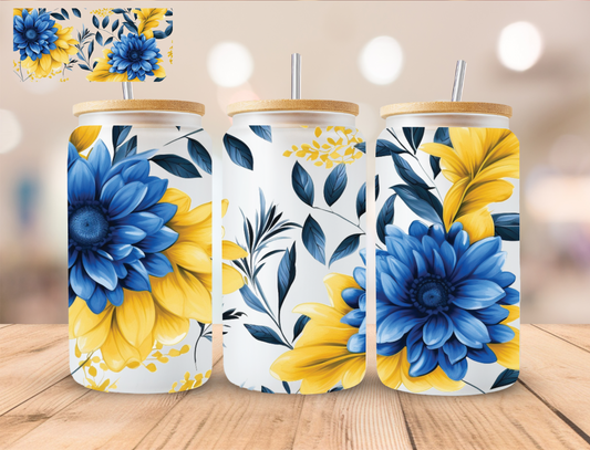 Blue And Yellow Floral - 16 oz / 20 oz Libby UV DTF Wrap