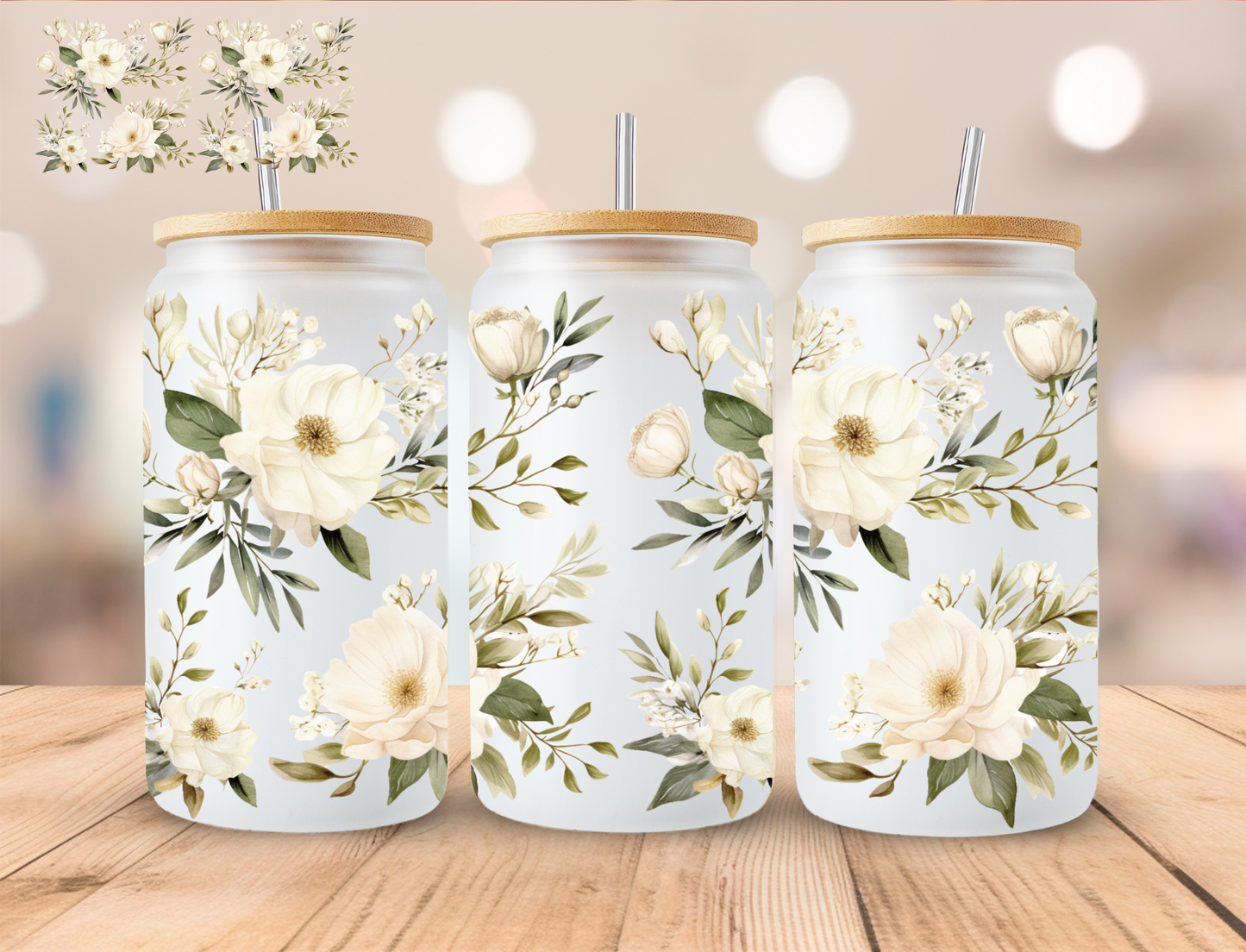 White Floral - 16 oz / 20 oz Libby UV DTF Wrap