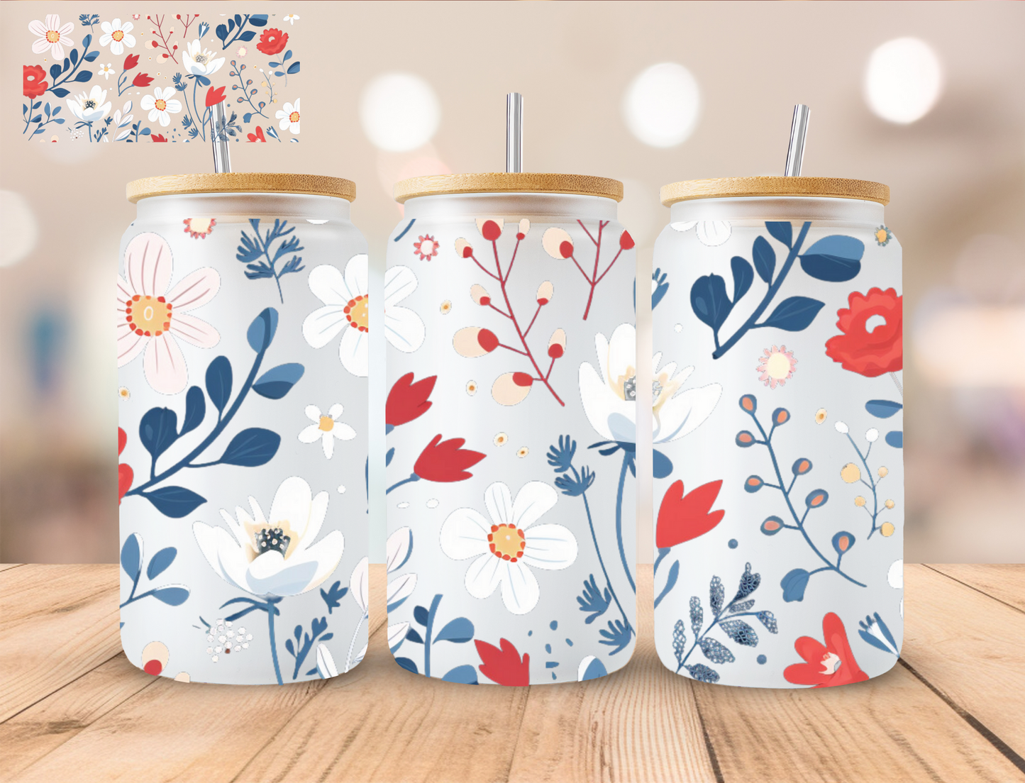 Patriotic Floral - 16 oz / 20 oz Libby UV DTF Wrap