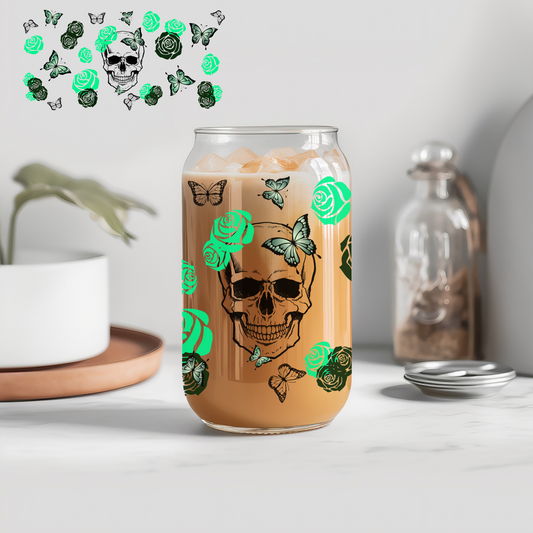 Green Rose Skull - 16 oz Libby UV DTF Wrap