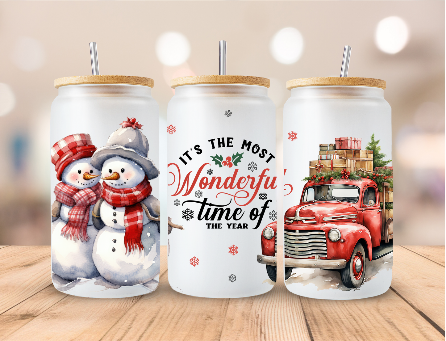 Christmas Red Truck Most Wonderful Time Of Year - 16 oz / 20 oz Libby UV DTF Wrap