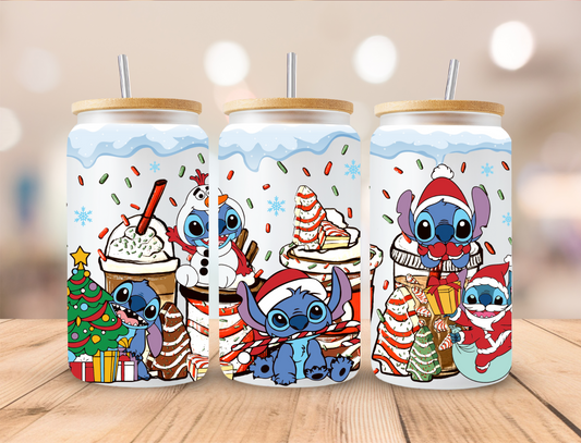 Christmas Blue Alien Coffee - 16oz Libby UV DTF Wrap