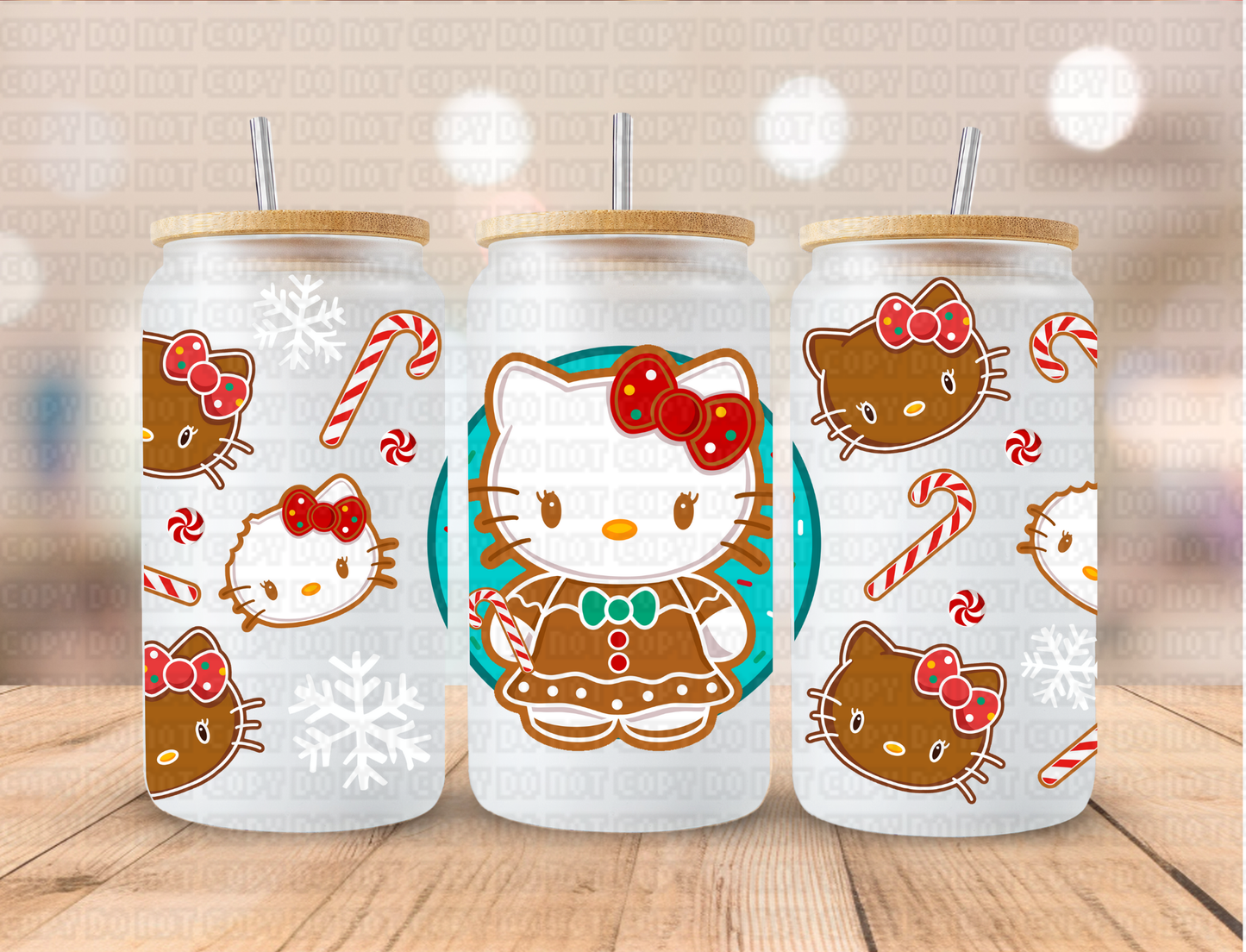 Christmas Gingerbread HK Kitty Teal Backgroun - 16 oz / 20 oz Libby UV DTF Wrap