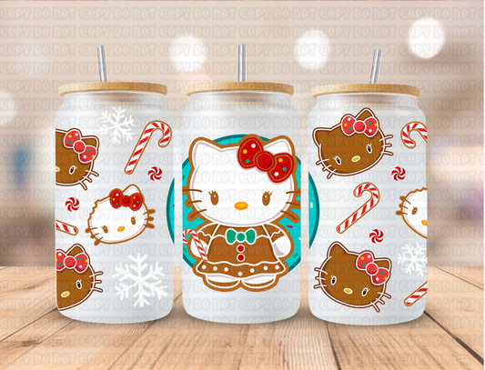 Christmas Gingerbread HK Kitty Teal Backgroun - 16 oz / 20 oz Libby UV DTF Wrap