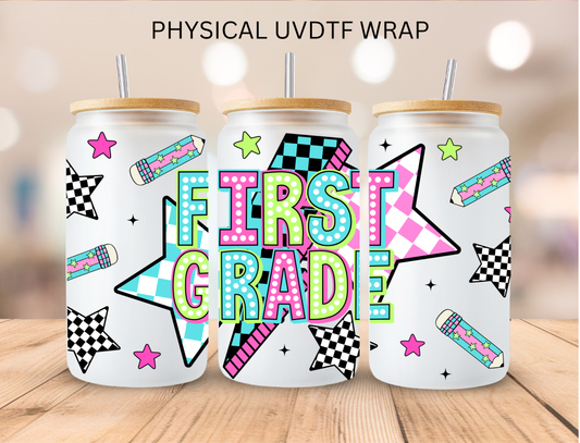 School Checkered Star First Grade - 16 oz / 20 oz Libby UV DTF Wrap