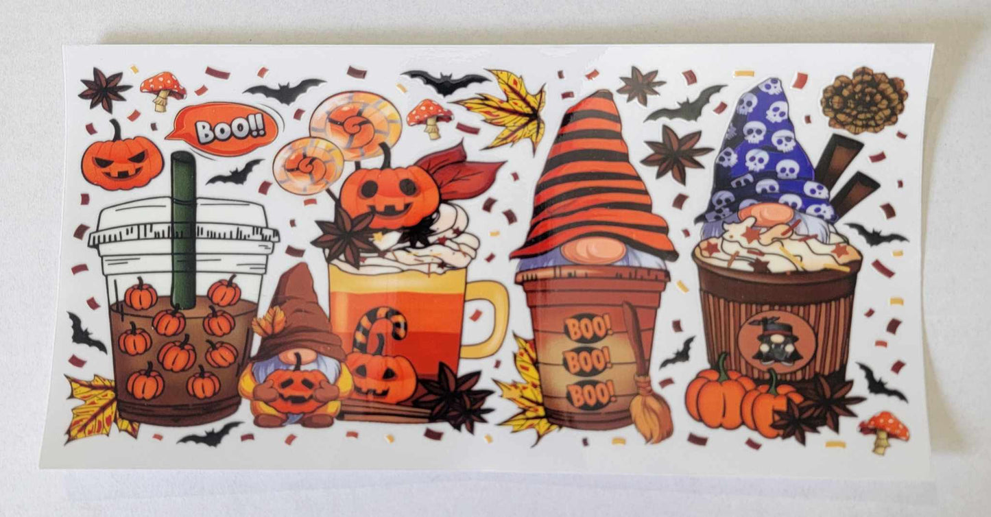 Halloween Gnome Coffee and Pumpkins - 16 oz Libby UV DTF Wrap RTS