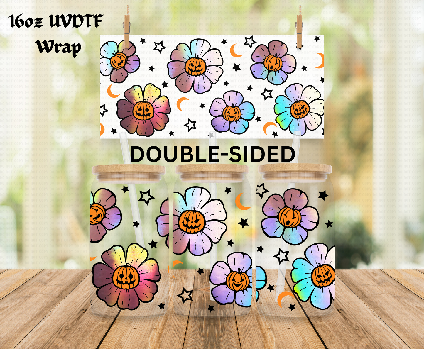 Halloween Holographic Pumpkin Daisies - 16 oz Libby UV DTF DOUBLESIDED Wrap RTS