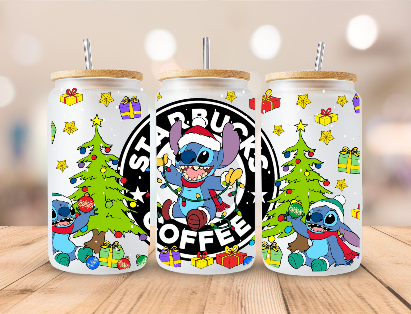 Christmas Blue Alien Coffee - 16oz Libby UV DTF Wrap