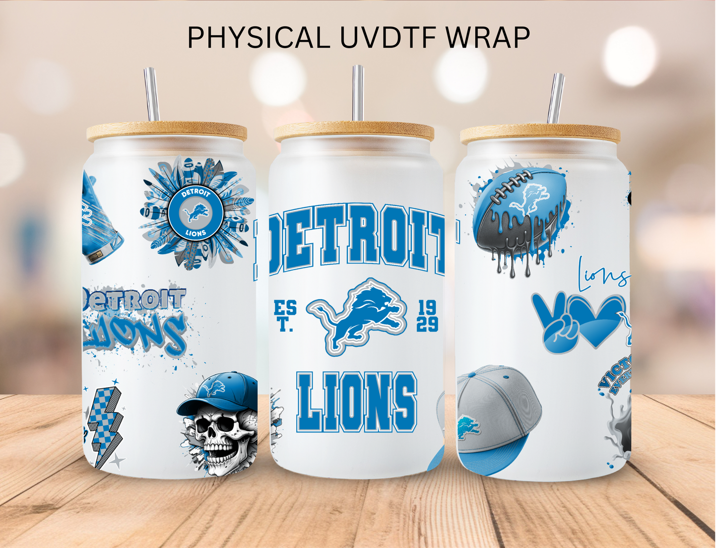 Detroit Lions NFL Team - 16 oz / 20 oz Libby UV DTF Wrap