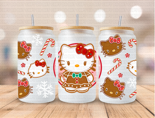 Christmas Gingerbread HK Kitty Pink Background - 16 oz / 20 oz Libby UV DTF Wrap