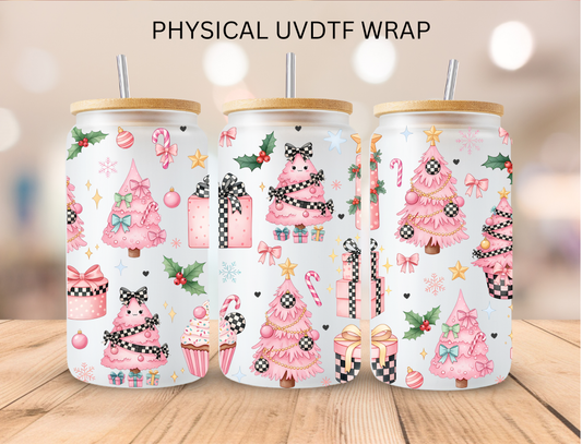 Christmas Pink Checkered Trees - 16 oz / 20 oz Libby UV DTF Wrap