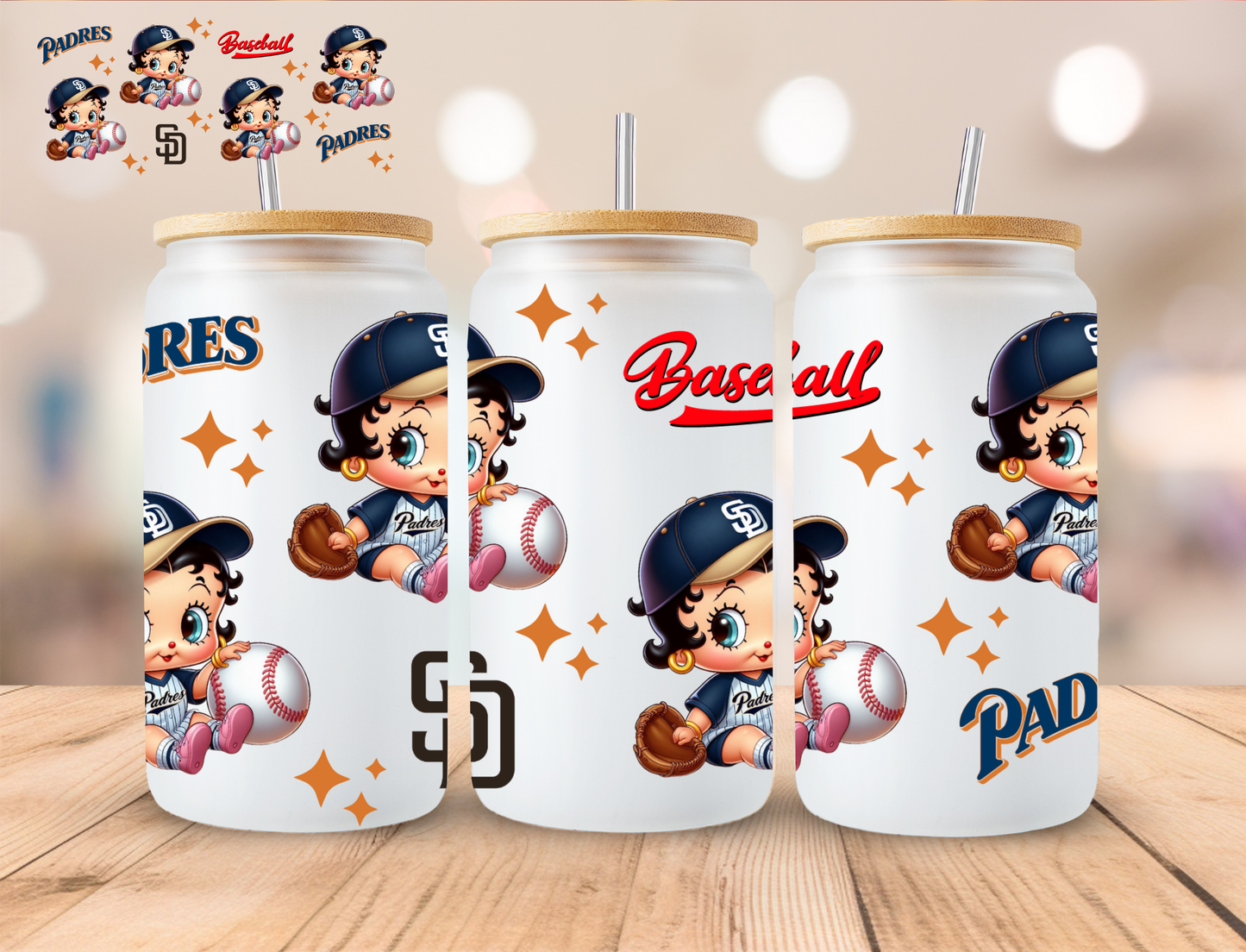 Padres Baseball Boop - 16 oz / 20 oz Libby UV DTF Wrap