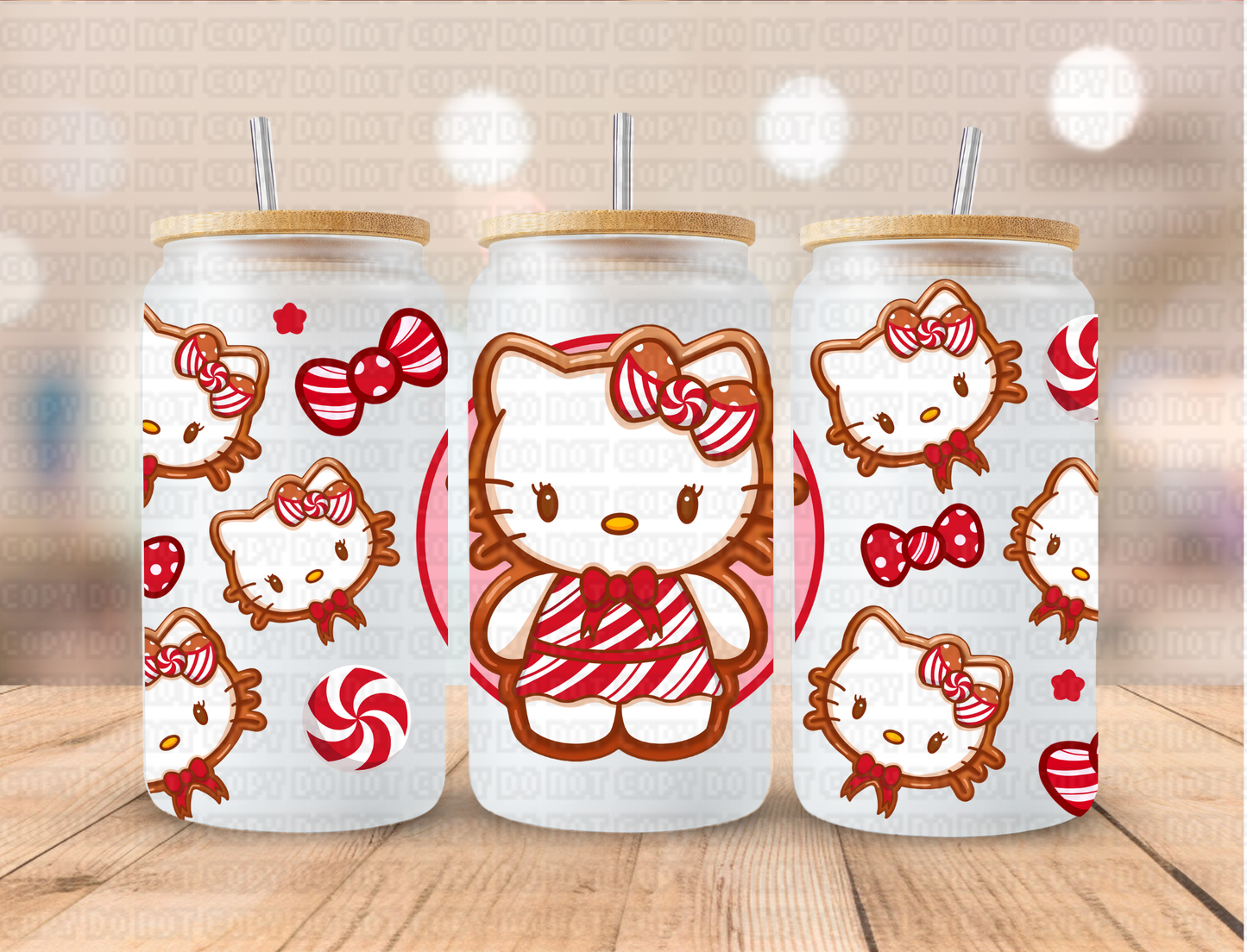 Christmas Peppermint HK Kitty - 16 oz / 20 oz Libby UV DTF Wrap