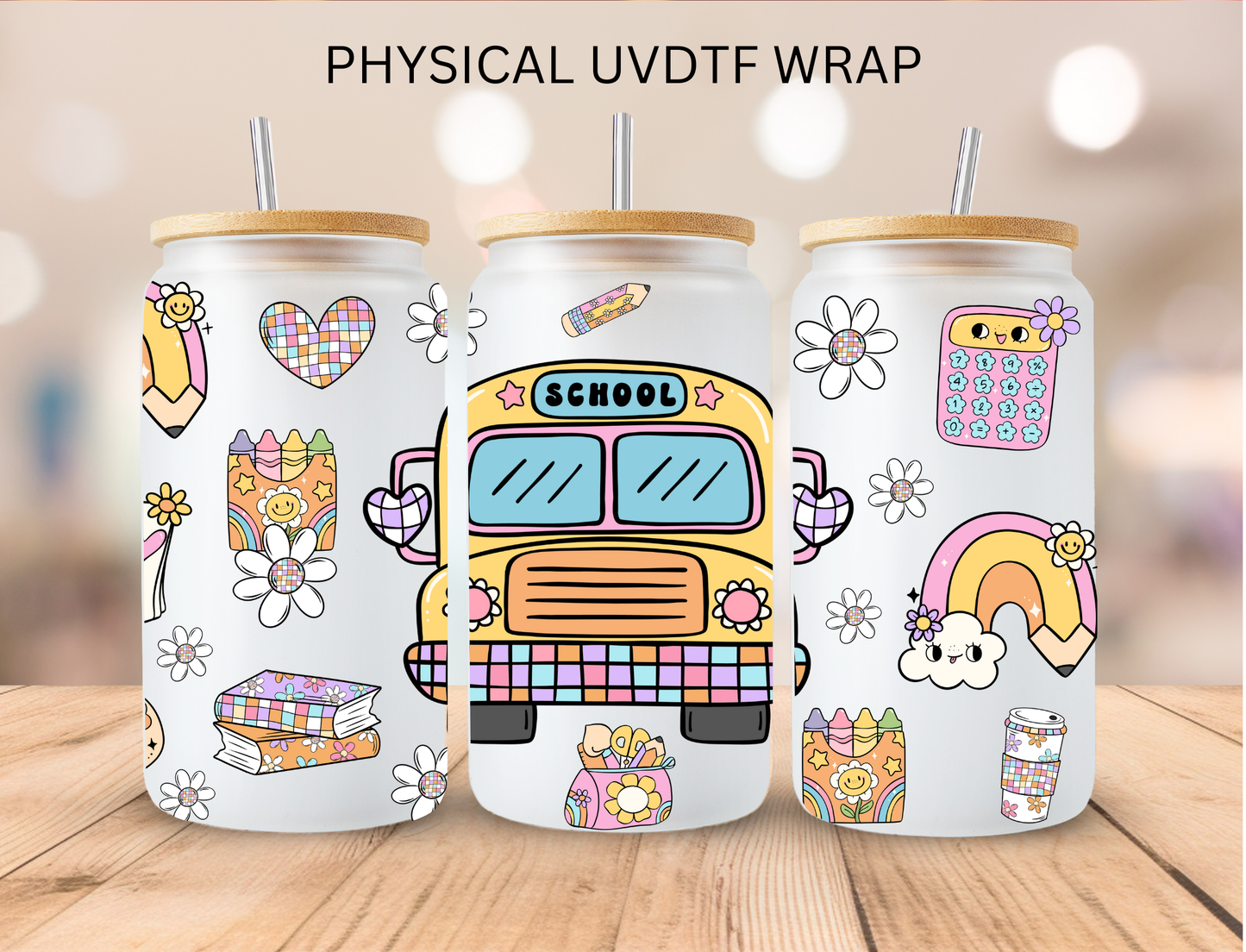 Checkered School Bus and Essentials - 16 oz / 20 oz Libby UV DTF
