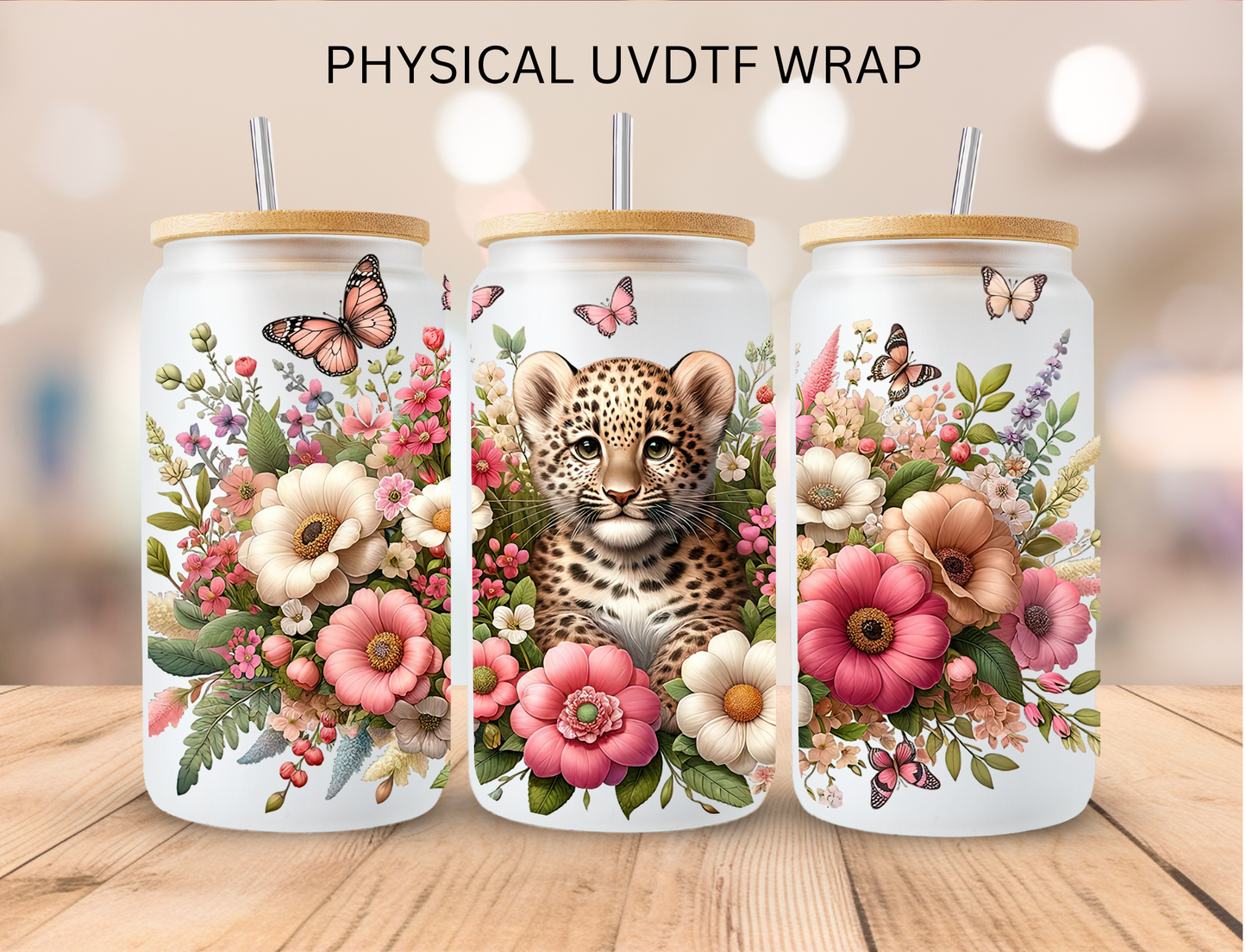 Floral Baby Leopard - 16 oz / 20 oz Libby UV DTF Wrap