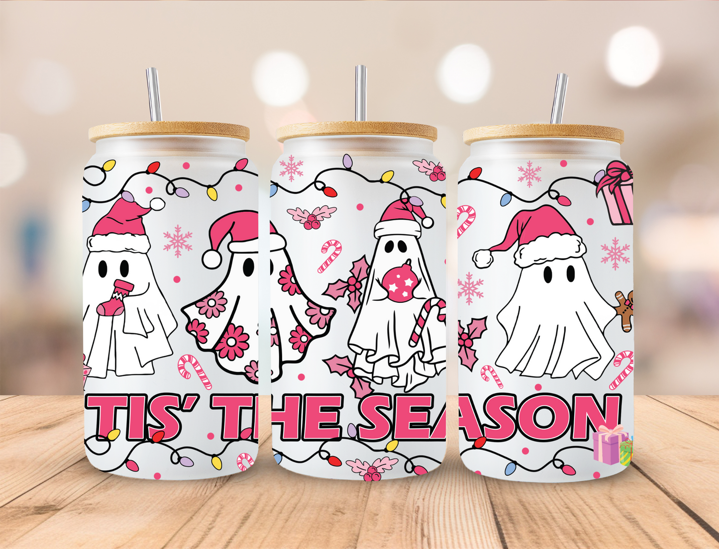 Christmas Pink Ghosts Tis The Season - 16oz Libby UV DTF Wrap