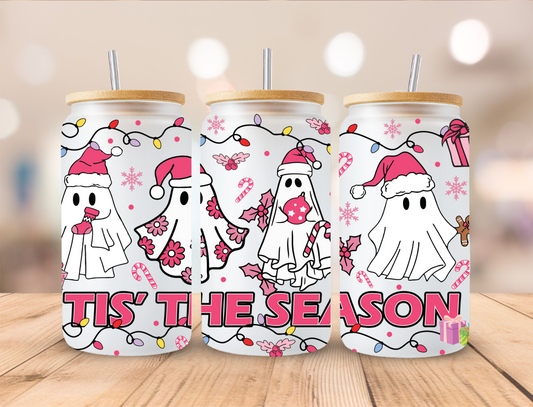 Christmas Pink Ghosts Tis The Season - 16oz Libby UV DTF Wrap