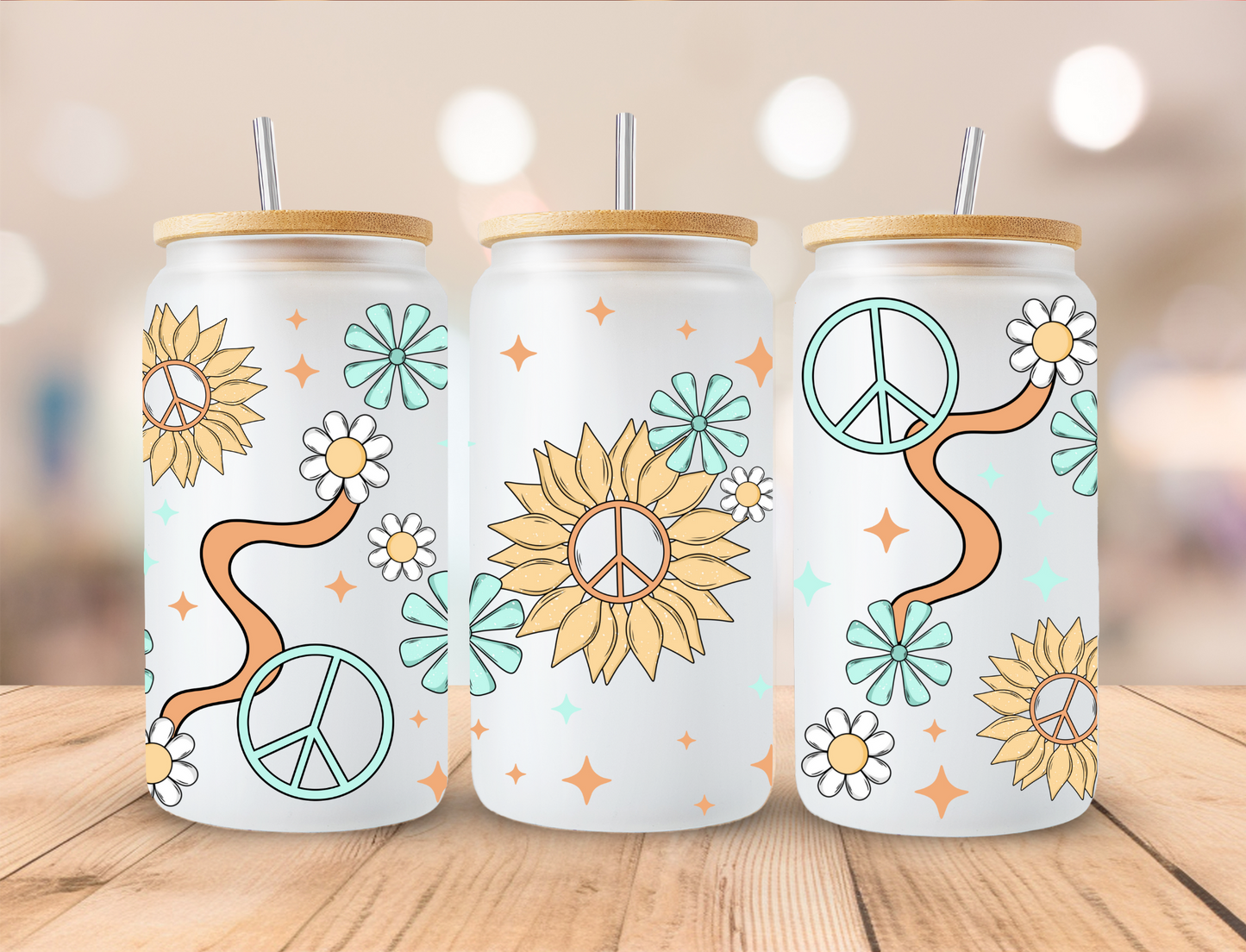 Here Comes The Sun with Peace Signs - 16 oz / 20 oz Libby UV DTF Wrap CERRAS EXCLUSIVE DESIGN