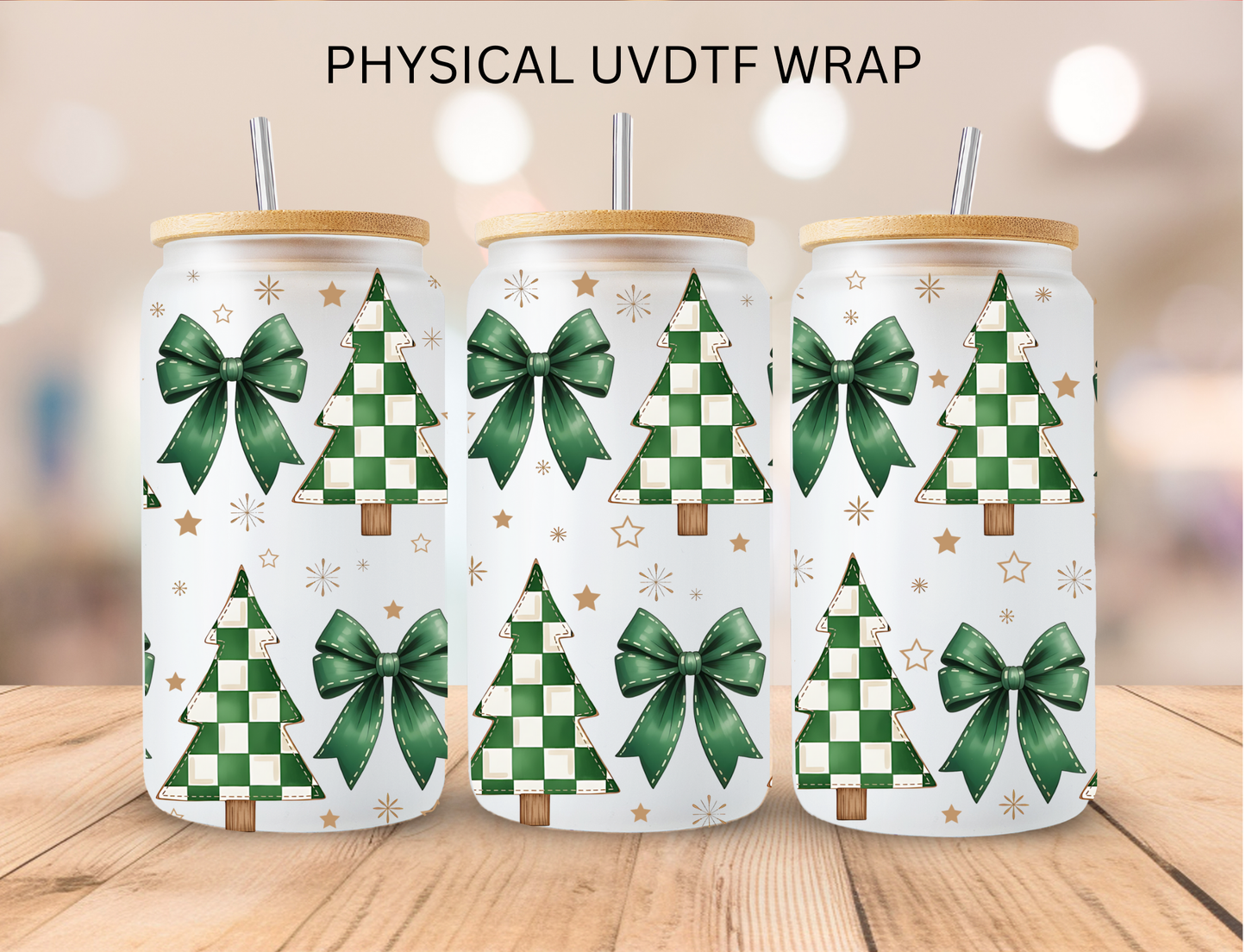 Christmas Green/White Checkered Trees - 16 oz / 20 oz Libby UV DTF Wrap