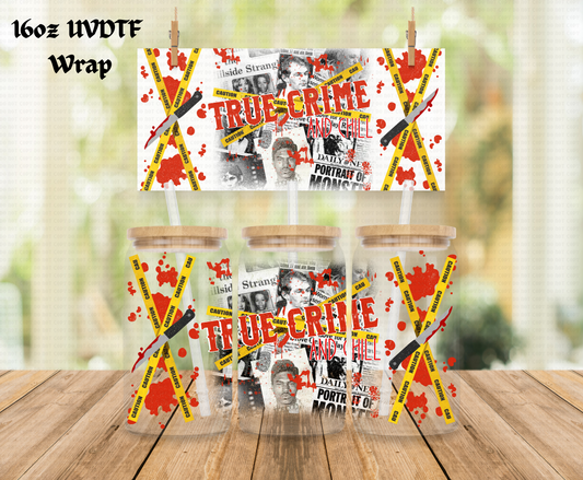 Halloween True Crime and Chill - 16 oz Libby UV DTF Wrap RTS