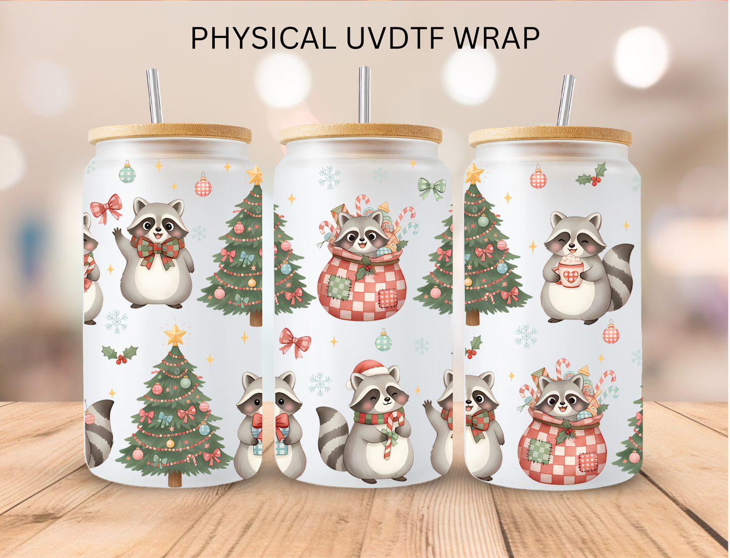 Christmas Pastel Raccoon - 16 oz / 20 oz Libby UV DTF Wrap