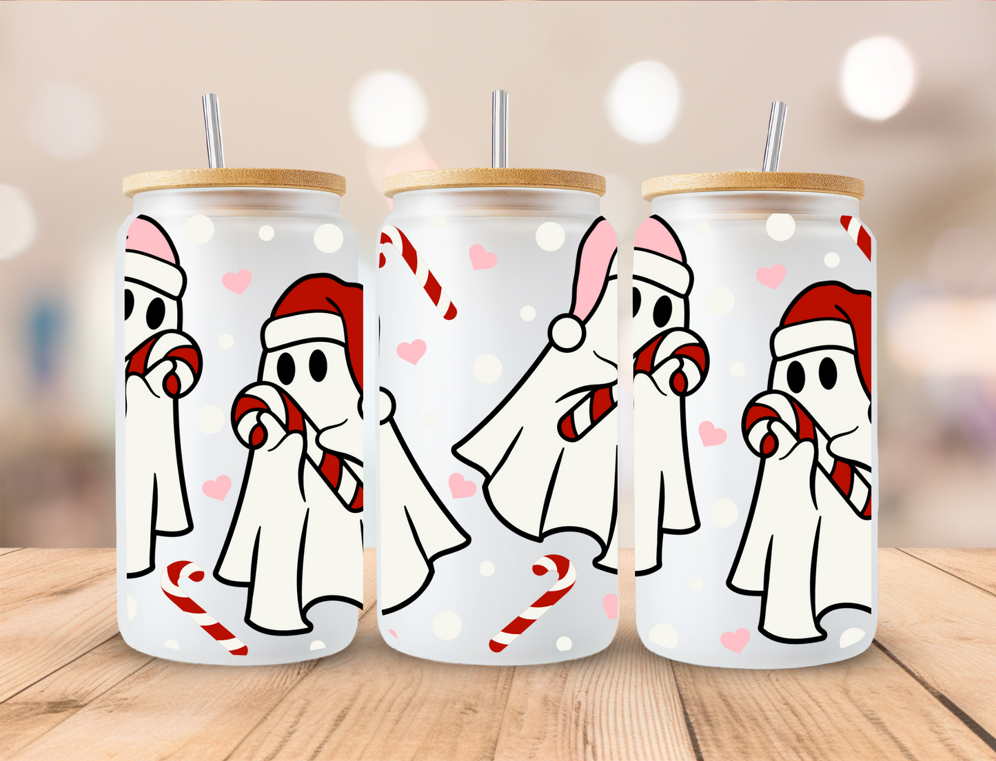 Christmas Candy Cane Ghosts - 16oz Libby UV DTF Wrap
