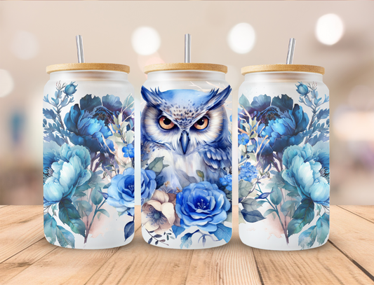 Blue Floral Owl - 16 oz / 20 oz Libby UV DTF Wrap