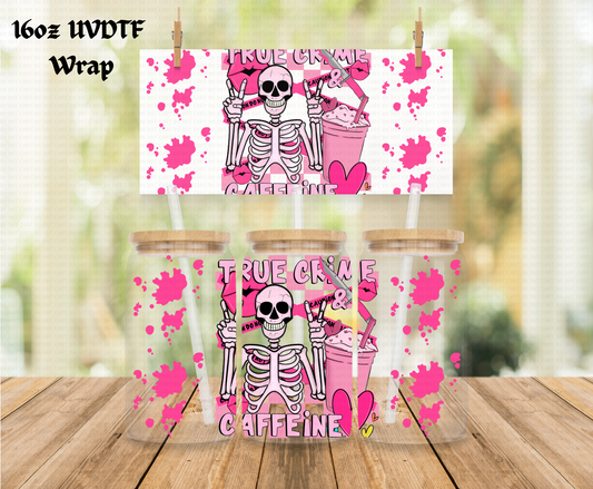 Halloween True Crime Caffeine Pink - 16 oz Libby UV DTF Wrap RTS