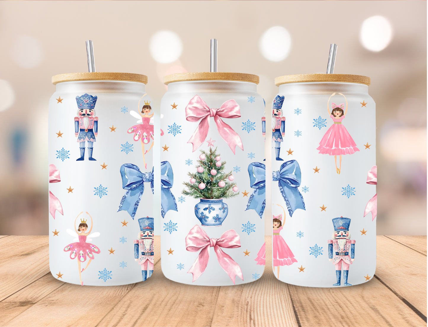 Pink N Blue Coquette Ballerina Christmas - 16 oz / 20 oz Libby UV DTF Wrap