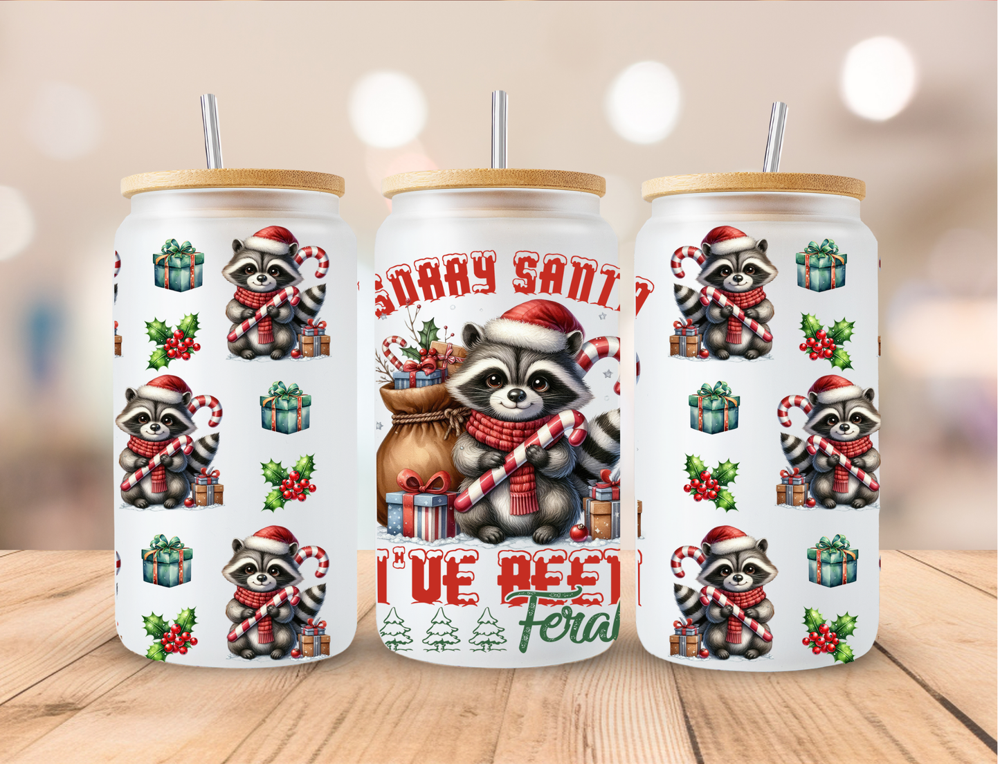 Christmas Sorry Santa I've Been Feral Racoon - 16 oz / 20 oz Libby UV DTF Wrap