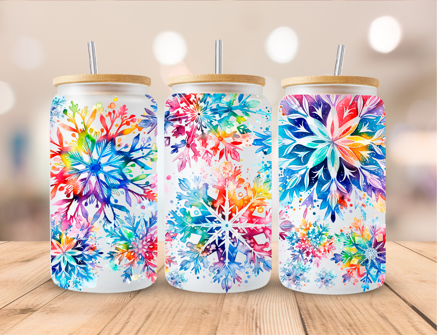 Multi Colored Snowflakes - 16 oz / 20 oz Libby UV DTF Wrap