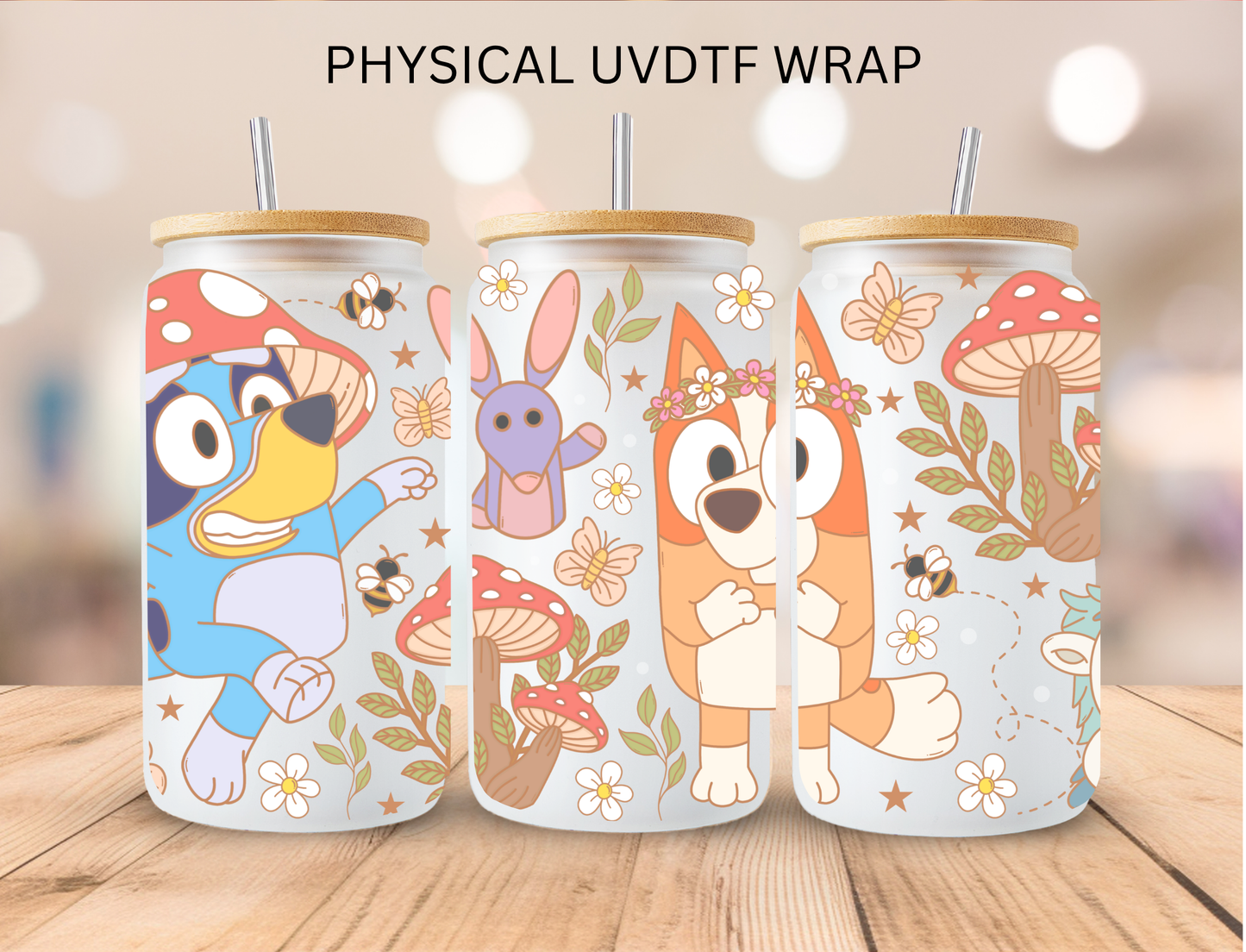 Blue Dog And Mushrooms - 16 oz / 20 oz Libby UV DTF Wrap