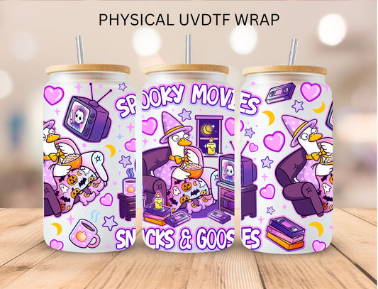 Halloween Spooky Movies Snacks And Gooses - 16 oz / 20 oz Libby UV DTF Wrap