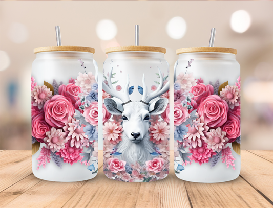 3D Floral White Deer - 16 oz / 20 oz Libby UV DTF Wrap