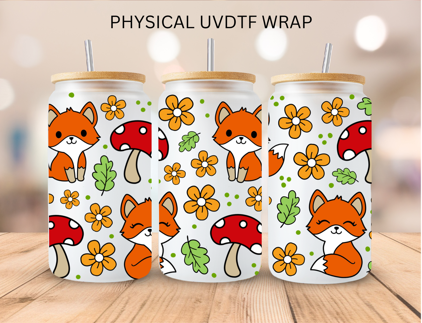 Fox And Mushrooms Floral - 16 oz / 20 oz Libby UV DTF Wrap