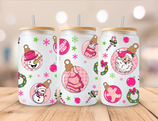 Pink Christmas Ornaments - 16oz Libby UV DTF Wrap