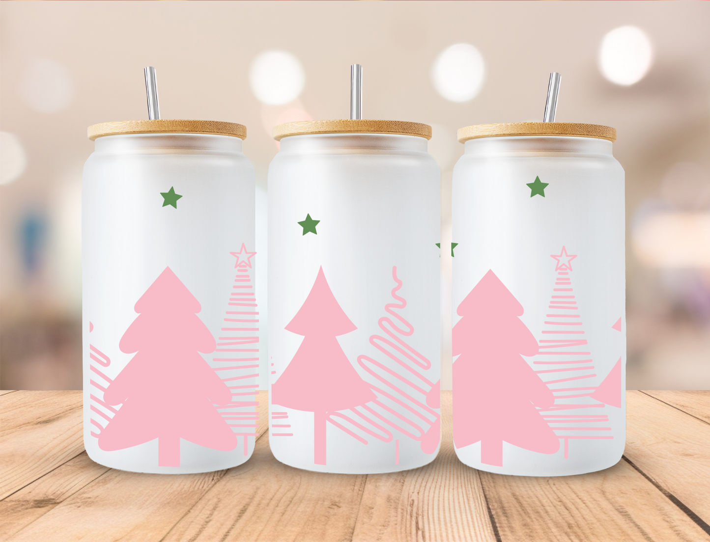 Christmas Pink Trees - 16oz Libby UV DTF Wrap RTS