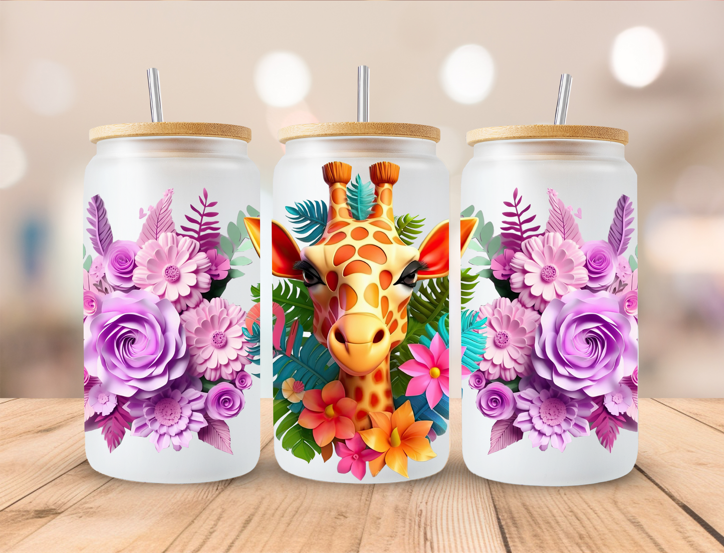 3D Floral Giraffe - 16 oz / 20 oz Libby UV DTF Wrap